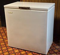 Front angled view of white Beaumark chest freezer on patterned floor and wood-paneled wall.