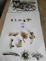Photo of all jewelry laid out on a table including brooches and pendants shown separately with background paper for clarity