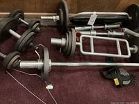 Wide view showing all weight plates, dumbbells, barbells, collars, and wrist strap with chain. Items arranged on carpeted floor in basement.