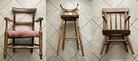 Three children's antique chairs shown from front, side, and back views revealing details such as upholstery, damage, and wood condition.
