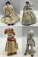 Composite of four antique dolls in varying dresses and bodies