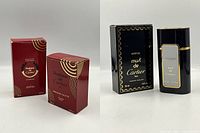 All four fragrance items displayed: two red Panthère de Cartier boxes and two black-and-gold Must de Cartier items