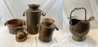 Collage showing all five items: four copper vessels on left and the coal scuttle on right