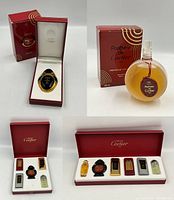 Open view of purse jewel flacon, round refill bottle and red tray with five mini vials