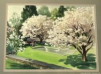 Front view of framed watercolor painting depicting blossoming trees by a pond