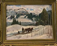 Full-front view of painting in frame against backdrop