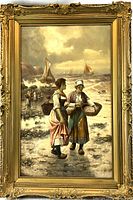 Front full view of the oil painting in ornate gilt frame against dark background