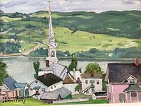 Close-up of painting showing church steeple, houses, lake and hillside