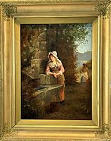 Front view of the framed oil painting 'Maiden at the Well' showing composition and frame
