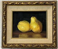 Frontal view of framed painting showing composition of two pears