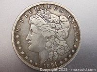 Obverse of 1891-O Morgan dollar showing Liberty head, date and E PLURIBUS UNUM legend