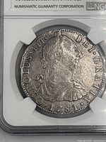Obverse of 1781 Mexico 8 Reales coin showing bust of Charles III and date inside NGC holder