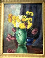 Frontal view of the framed painting showing the bouquet in a green vase and signature/ date at bottom right.