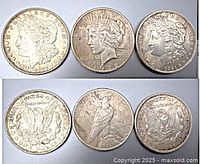 Obverse and reverse of all three coins arranged side by side