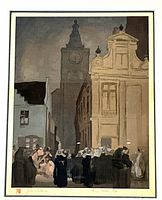 Close-up of central street scene showing architecture and figures