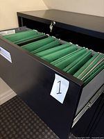 Open top drawer showing many green legal-sized hanging folders inside the cabinet drawer.