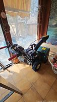 Full side view of Bolens Premium gas snowblower in sunroom. Shows green body, black chute, control levers and wheels.