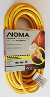 Full view of bright yellow coiled NOMA outdoor extension cord with packaging showing.