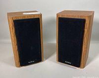 Pair of Infinity RS1000 bookshelf speakers side-by-side showing wood veneer and black fabric grill.