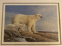 Full view of framed large print showing an adult polar bear and two cubs on rocky shore with ocean and sky background.