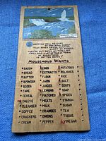 Top view of the wooden grocery list board featuring Niagara Falls illustration, grocery item list, and pegs.