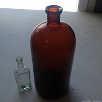Photo showing two glass bottles: a large brown bottle and a smaller clear medicine bottle on a flat surface with light coming from behind.