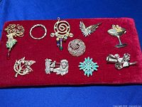 Full display of 10 assorted jewelry pins on red velvet