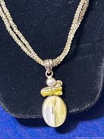 Close-up of sterling silver necklace pendant showing oval green agate, pearl, quartz and peridot stones