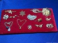All 10 gold-tone brooch pins, CZ pendant, and 2 bracelets on red velvet background