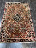 Full view of rug laid flat on dark hardwood floor