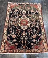 Full view of the Hamadan Persian wool rug showing overall design, colors, and condition.