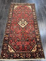 Full view of the Hamadan rug showing the entire pattern and border on dark flooring
