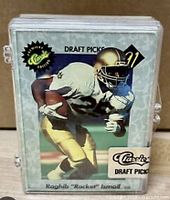 Front of the factory sealed 1991 Classic Football Draft Picks Premiere Classic Edition set showing Raghib 'Rocket' Ismail in football gear on the packaging inside a clear protective case.