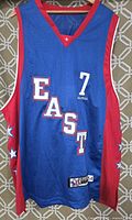Full front view of the blue, red, and white 2004 NBA All-Star Game jersey with 'EAST' and number 7.