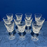 Front-view photo showing all 11 Waterford Lismore cordial glasses arranged in rows, highlighting the clear crystal and cut pattern.