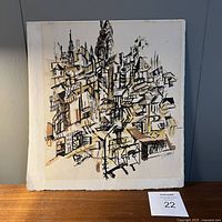 Full view of the original abstract painting showing geometric suburban forms in black ink and brown watercolor on textured paper.