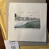 Photo showing entire print on textured paper with hand numbering, title and signature visible. Includes auction catalog card with lot number 56.