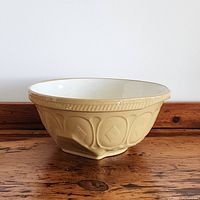 Front view of the large pottery TG Green Gripstand mixing bowl showing beige embossed exterior and white glazed interior.