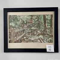 Framed watercolour painting of forest stairs showing full artwork and frame