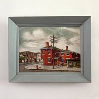 Framed original painting showing red brick corner building, street and cloudy sky