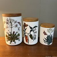 Full set of three ceramic canisters with botanical designs and wooden lids on a wooden surface against a neutral wall.