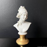 Front view of the small white porcelain bust with a gold base against a dark background.