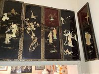 Full set of five tall lacquered panels mounted above a doorway, with mother of pearl and painted decorative art.