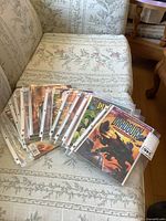 Collection of vintage comic books in plastic sleeves displayed on a couch, showing overall condition and variety.