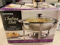 Box showing Serenata brand 4 Quart stainless steel chafing dish with glass cover