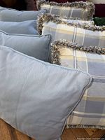 Group of pillows showing both solid pale blue and plaid pillows with fringe trim