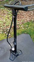 Full view of black bike pump standing upright showing T-handle, hose and stable foot platform.