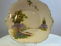Full view of Aynsley Bluebell pattern cake plate showing landscaped design with trees and pathway
