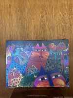 Front view of the rectangular canvas painting depicting multiple colorful stylized cats with intricate patterns.