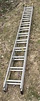 Full length view of aluminum extension ladder laid on grass showing double-sided extension design and feet pads.
